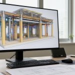 BIM 모델링 화면과 설계 작업 책상