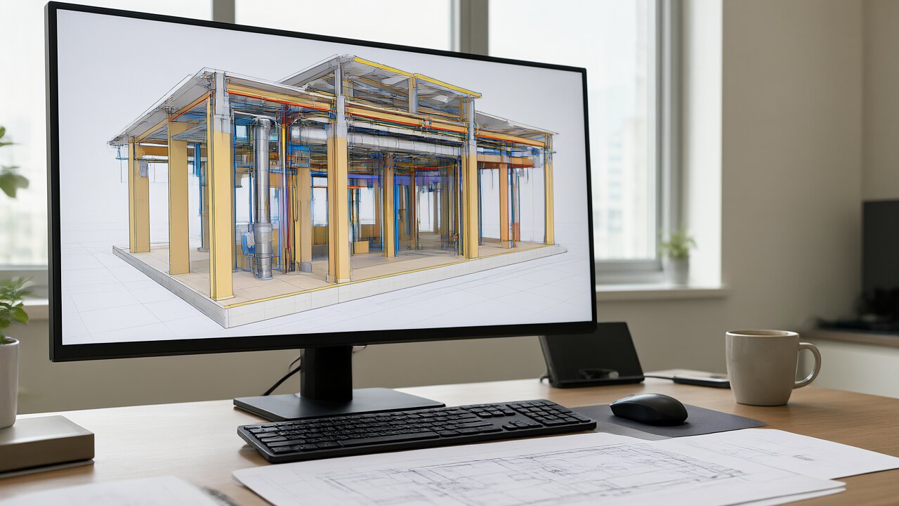 BIM 모델링 화면과 설계 작업 책상