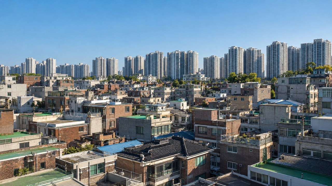 저층 노후 주거지 뒤로 고층 아파트 단지가 보이는 도시 풍경