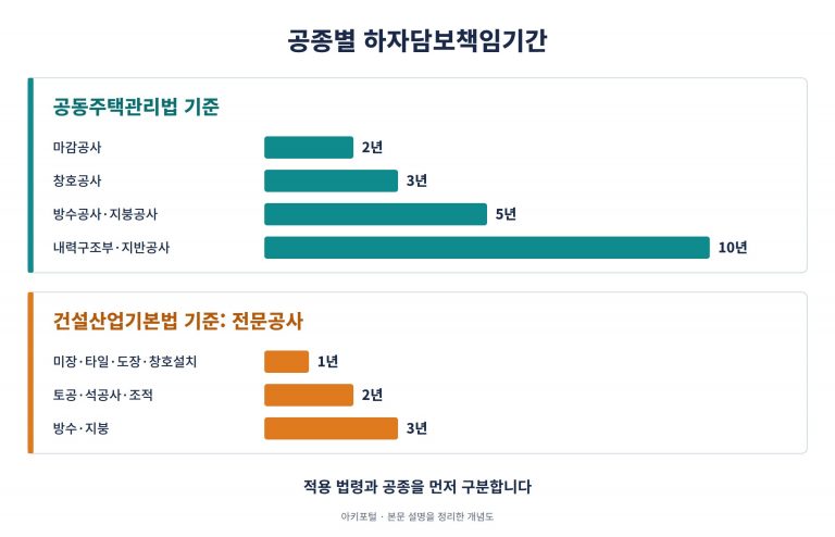법령별 주요 공종의 하자담보책임기간