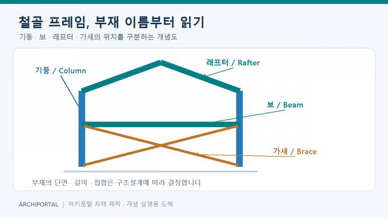 철골 프레임의 기둥·보·래프터·가새를 색으로 구분한 자체 제작 도해
