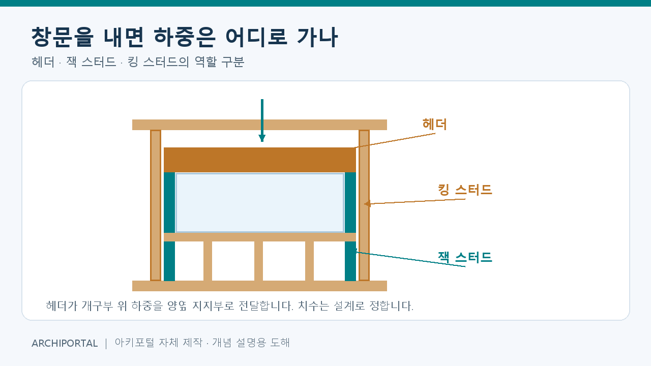 창문 개구부의 헤더·킹 스터드·잭 스터드를 구분한 자체 제작 도해