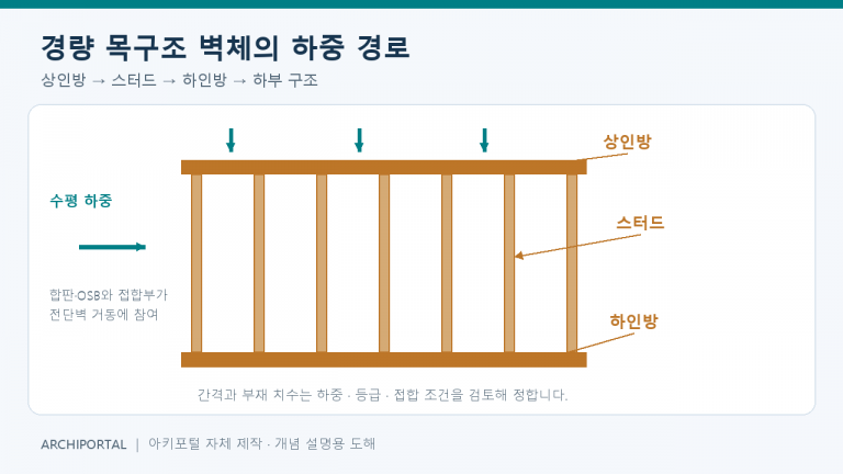 경량 목구조 상인방·스터드·하인방의 위치와 수직·수평 하중 경로 도해