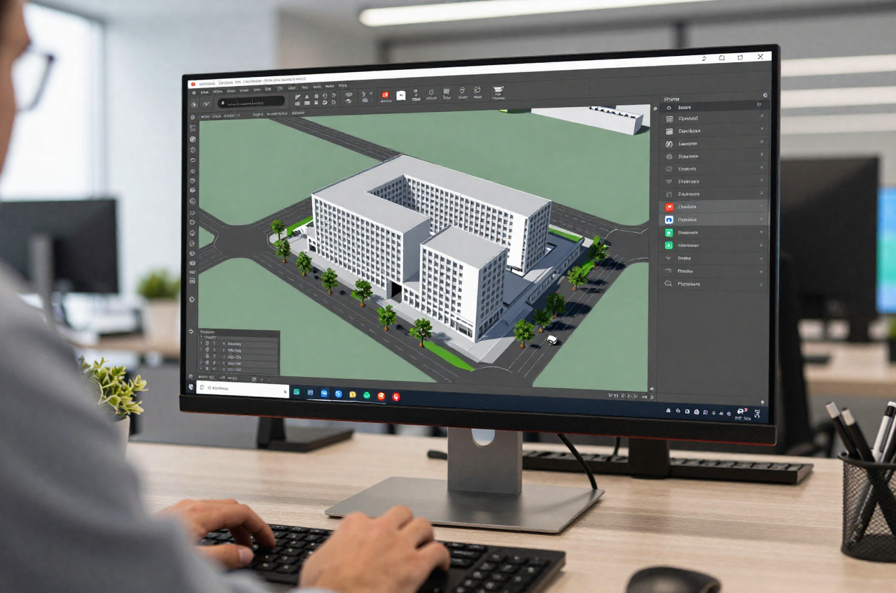 3D 모델링 소프트웨어와 리본 툴바가 보이는 자동화 워크스테이션