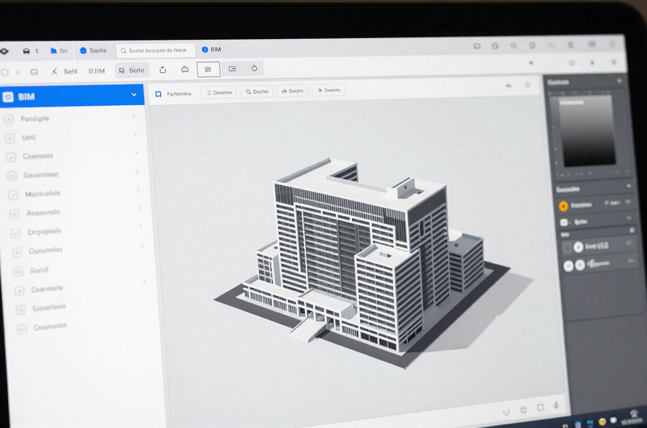탭 패널과 3D 모델이 있는 BIM 소프트웨어 인터페이스