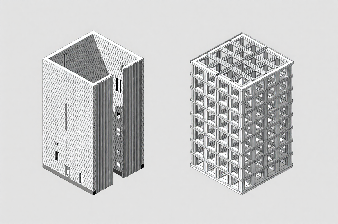 벽식 구조와 라멘조 골조 비교 3D 모델