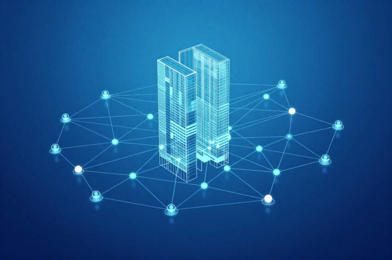 건물 모델이 데이터 노드로 연결되는 BIM 데이터 연동 개념도