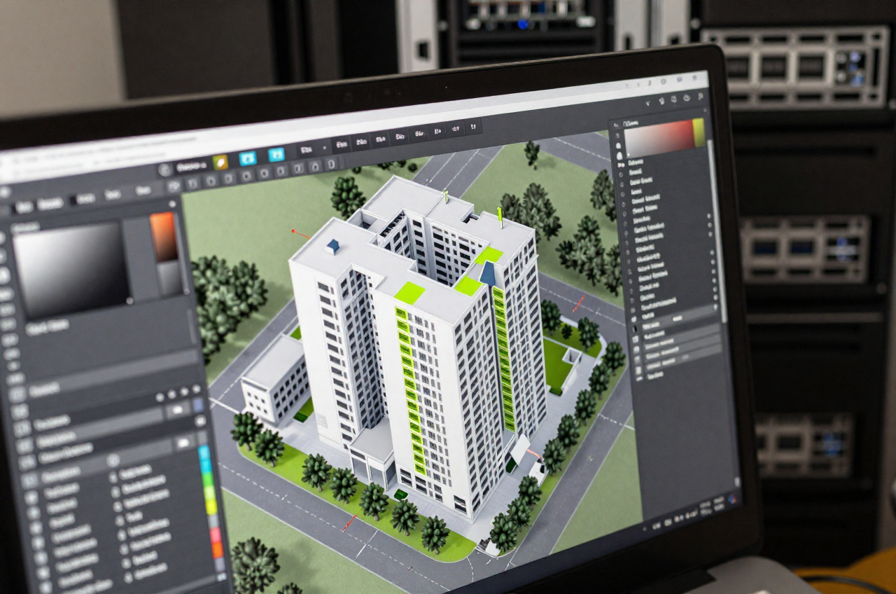 중앙파일 서버와 편집 중인 3D 건물 모델 화면