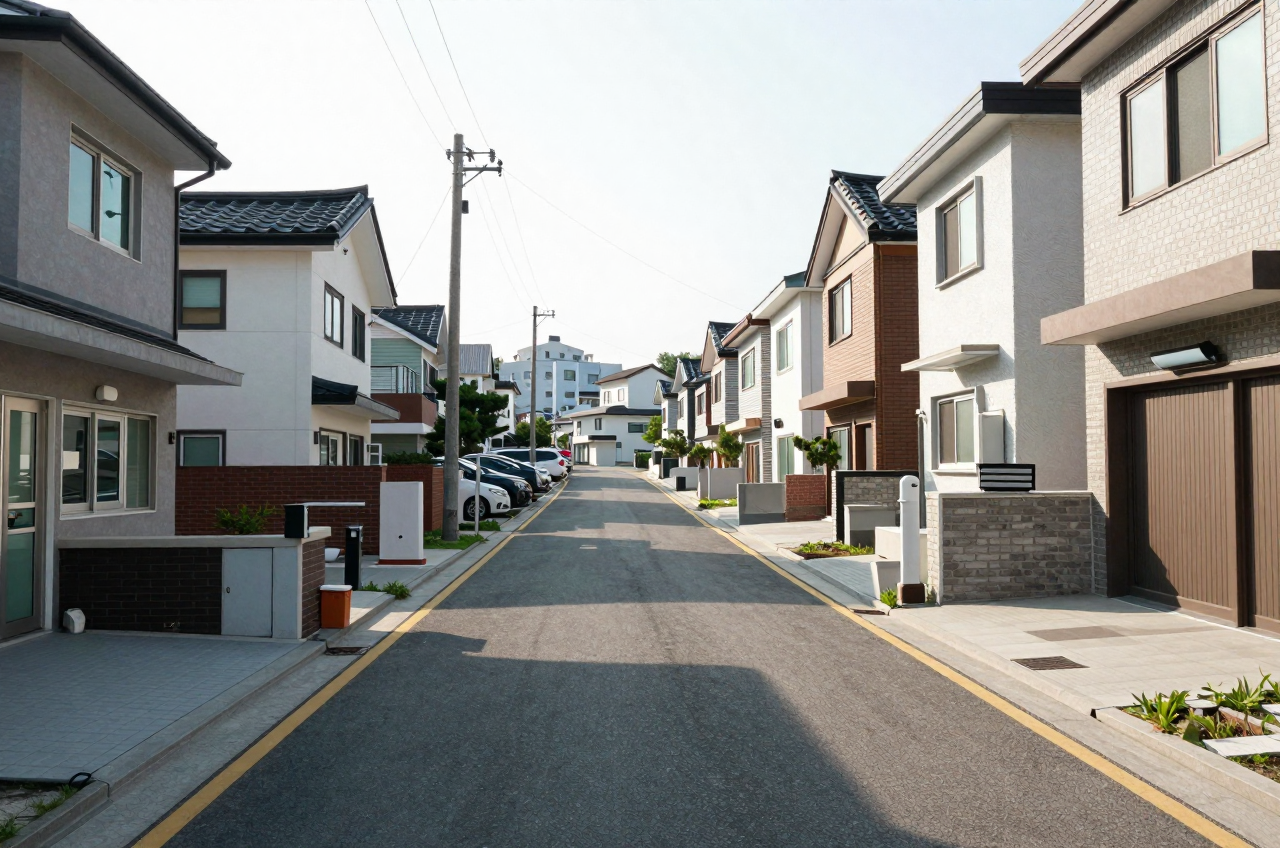 아침 햇빛에 그림자가 드리운 저층 주택가