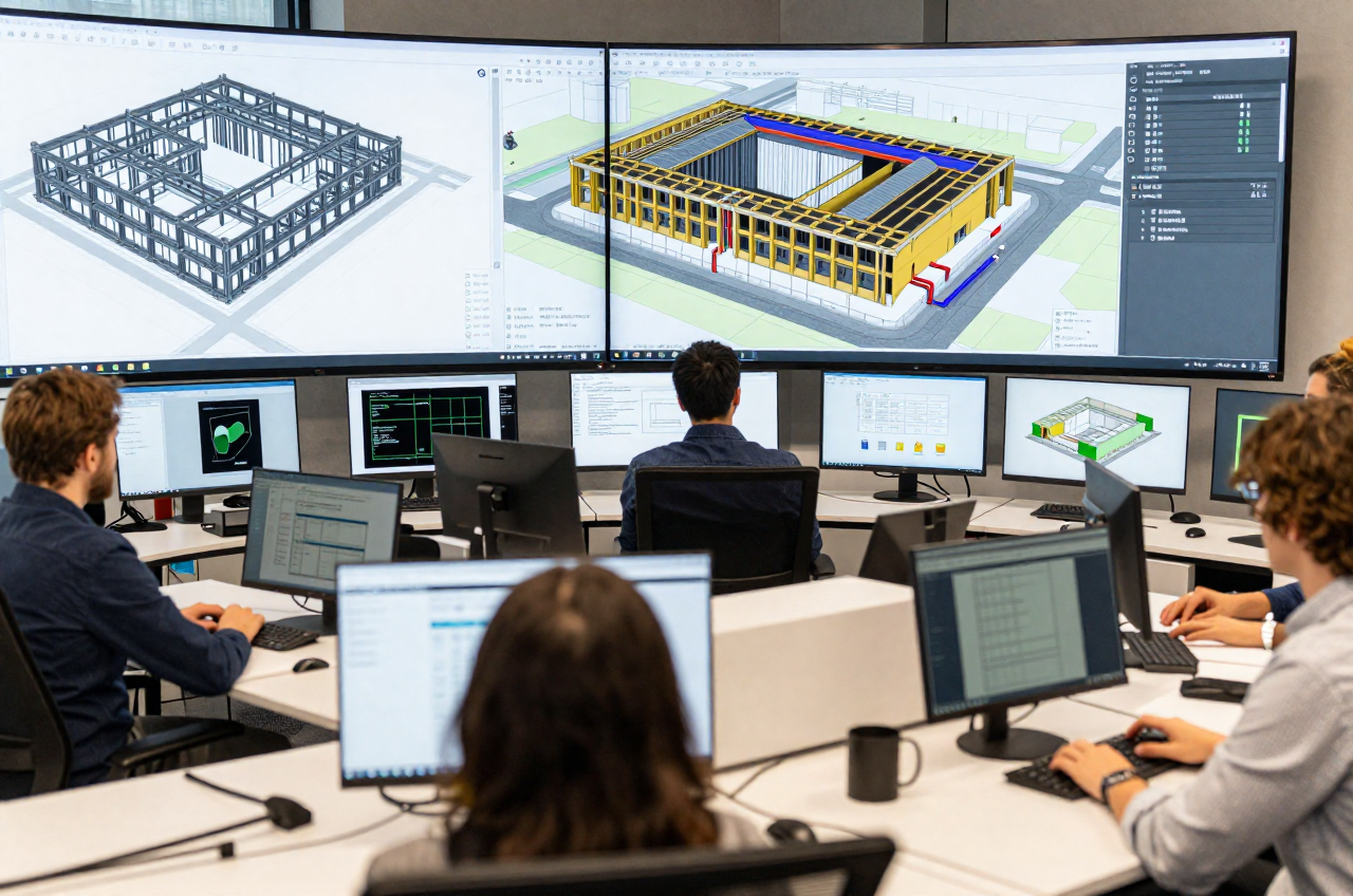 여러 팀이 3D 건물모델을 함께 검토하는 BIM 협업 워크스테이션
