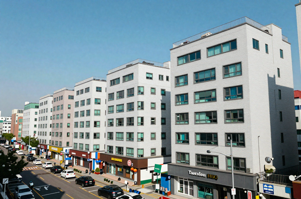 가로변을 따라 균일한 높이로 늘어선 중층 건물 스카이라인