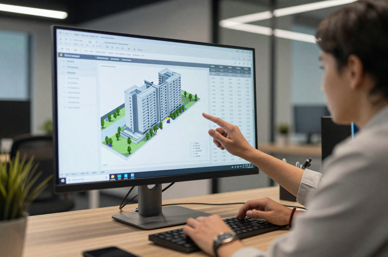 개발 워크스테이션에서 3D BIM 모델과 코드를 함께 보는 모습