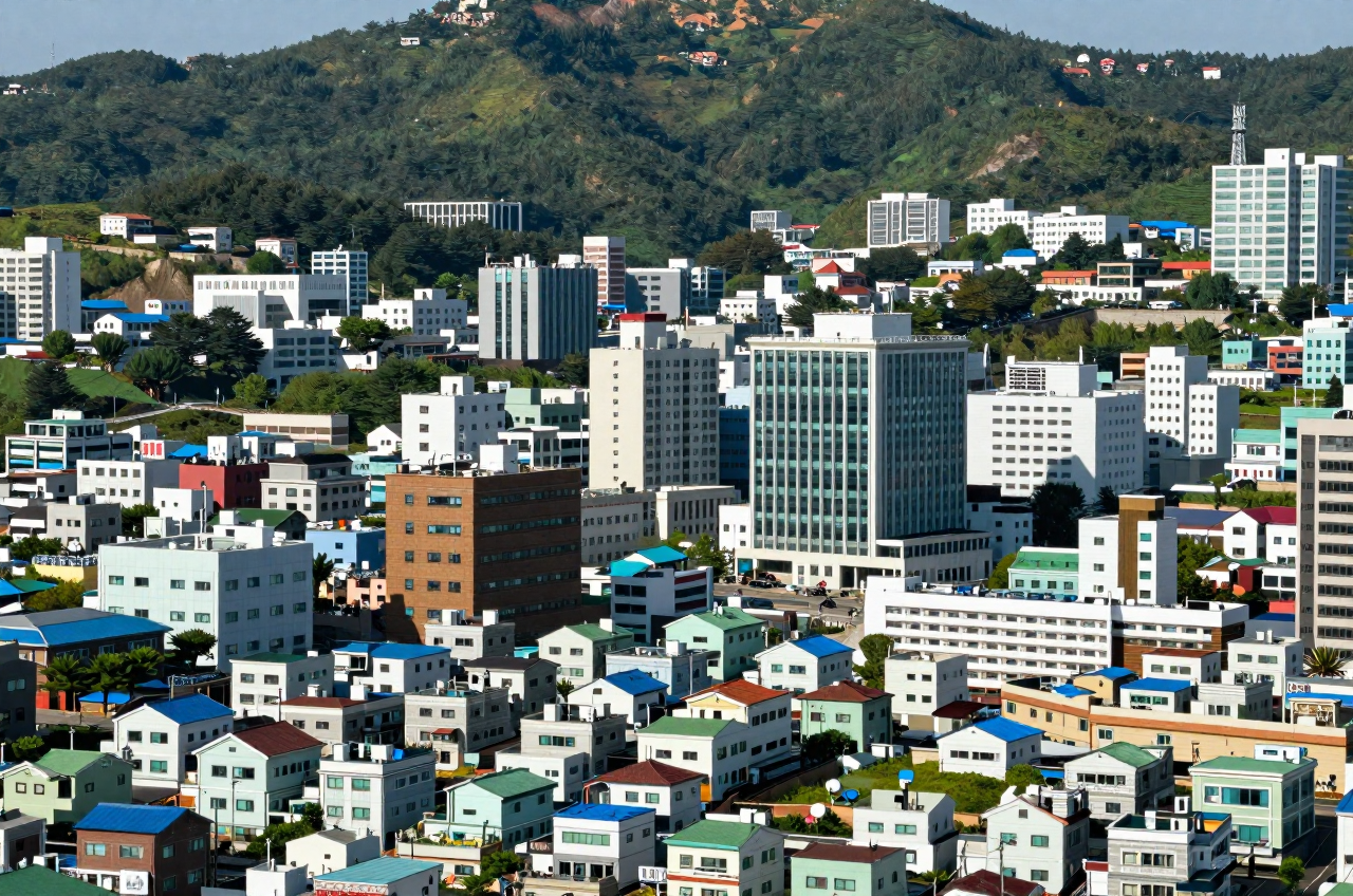 배후 녹지 구릉을 낀 도시 주거·상업 밀집지 전경