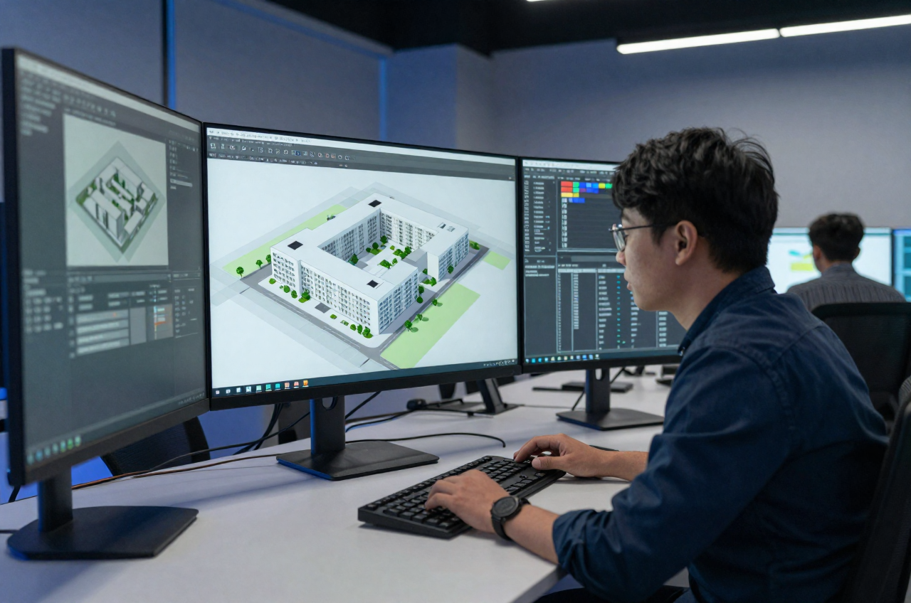 여러 모니터로 대형 3D 건물 모델을 검토하는 엔지니어