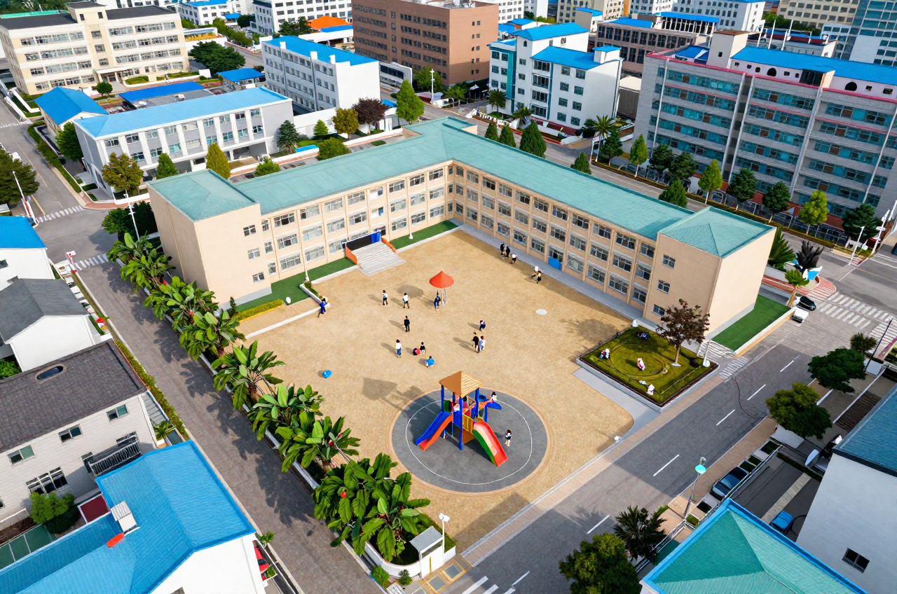 학교와 주변 완충 구역을 보여주는 항공 전경