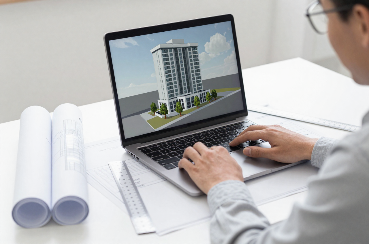 노트북으로 Revit 3D 모델을 다루는 엔지니어